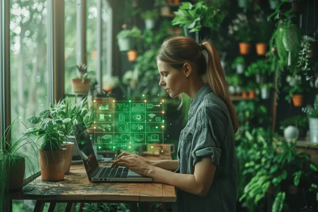 Woman working on a laptop with floating green CO2 and sustainability icons amid indoor plants.