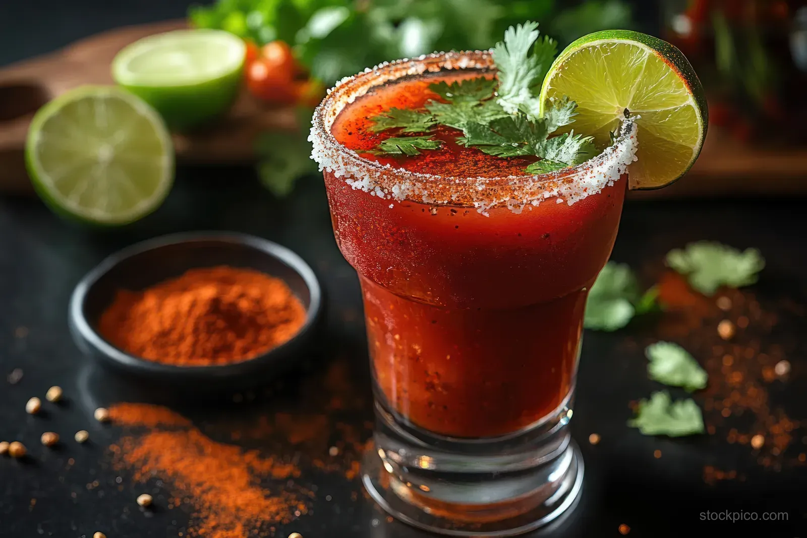 Salt-rimmed glass of spicy tomato cocktail garnished with cilantro and lime, with chili powder and lime halves on the side.