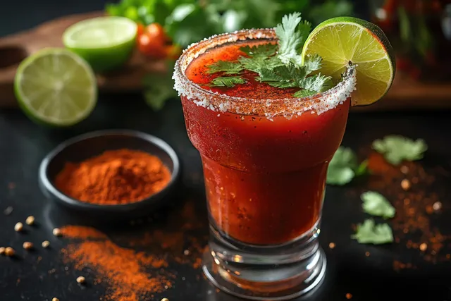 Salt-rimmed glass of spicy tomato cocktail garnished with cilantro and lime, with chili powder and lime halves on the side.