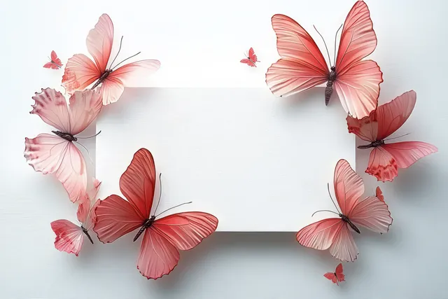 Pink and red butterflies frame a blank white card on a clean light background