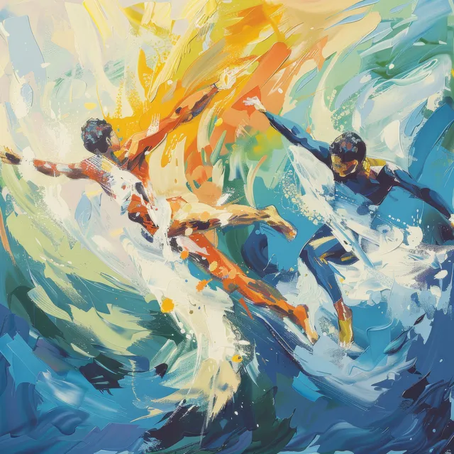 Two artistic swimmers glide in synchronized harmony while colorful splashes burst behind them.
