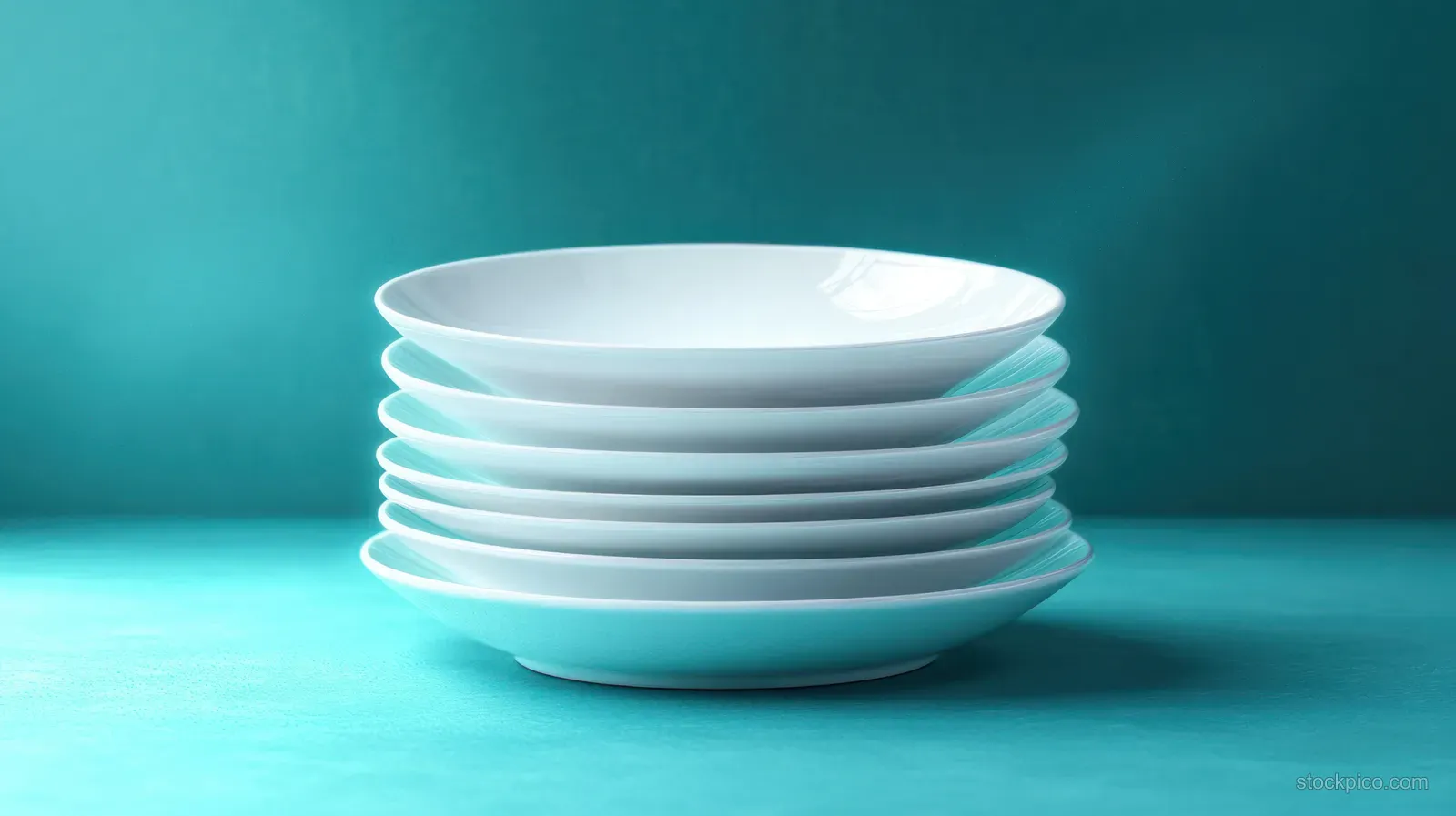 A neat stack of seven white ceramic plates on a turquoise surface and background, showcasing a modern minimalist style.