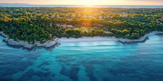 Aerial view of a golden-hour coastline with turquoise water, tree-covered shore, and small coastal curves.
