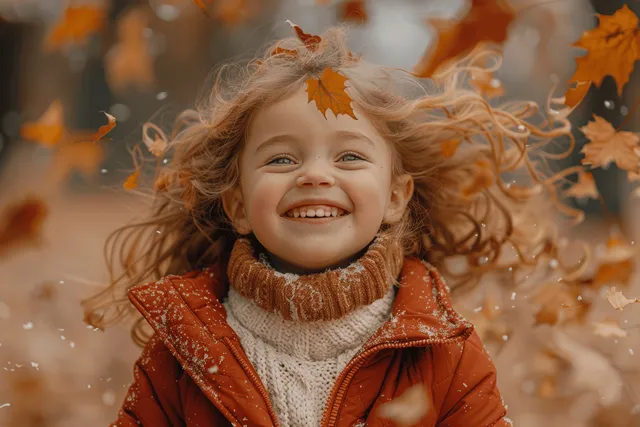 Laughing little girl in red jacket among swirling autumn leaves
