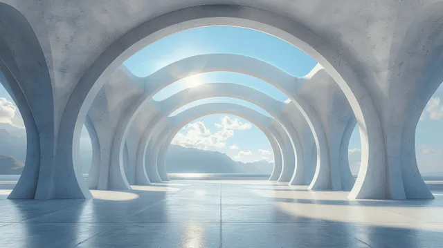 White concrete arch corridor opens to blue sky above an empty reflective floor.