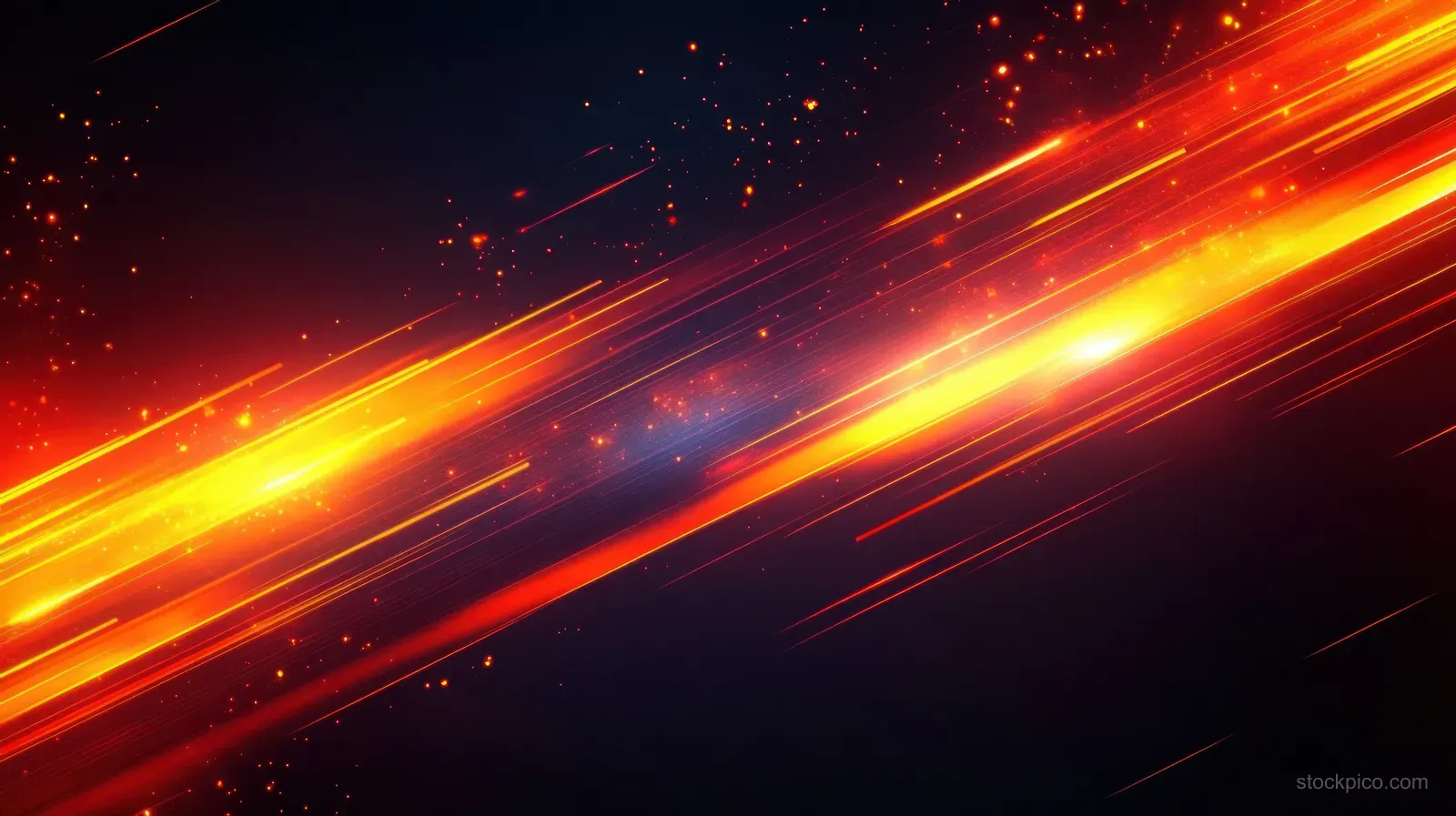 Orange and yellow light streaks race diagonally across a dark background with sparkling particles.
