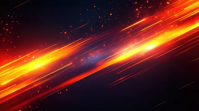 Glowing orange and yellow light streaks shoot diagonally through a dark space with sparkling particles