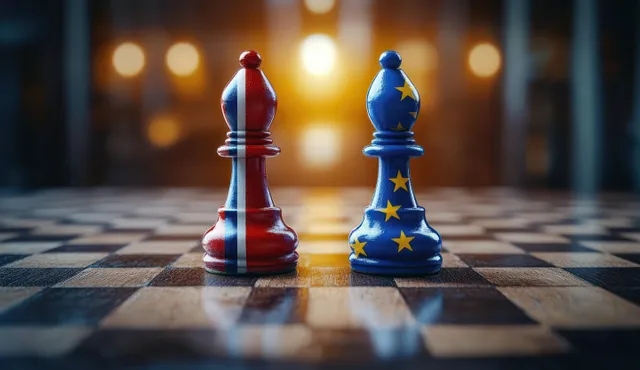 UK and EU flag-marked chess pawns face off on a chessboard with blurred lights behind them.