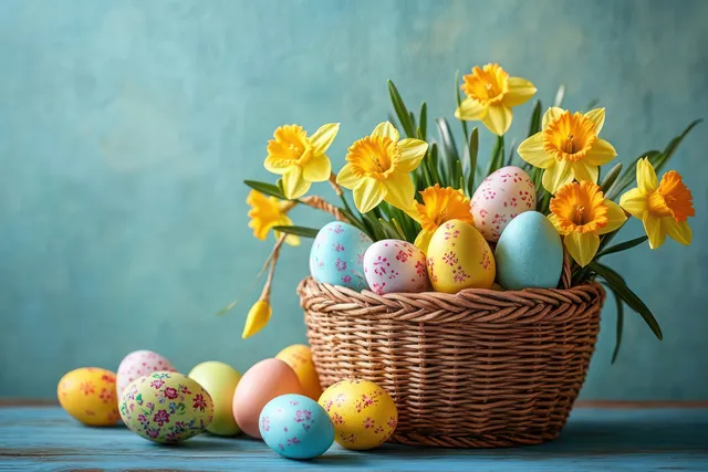 Easter eggs in wicker basket with yellow daffodils on blue spring background