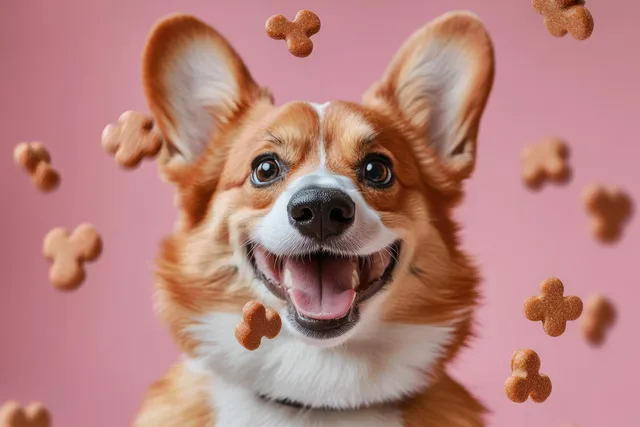 Cheerful corgi with bright eyes smiles as bone-shaped dog treats float on a pink background.