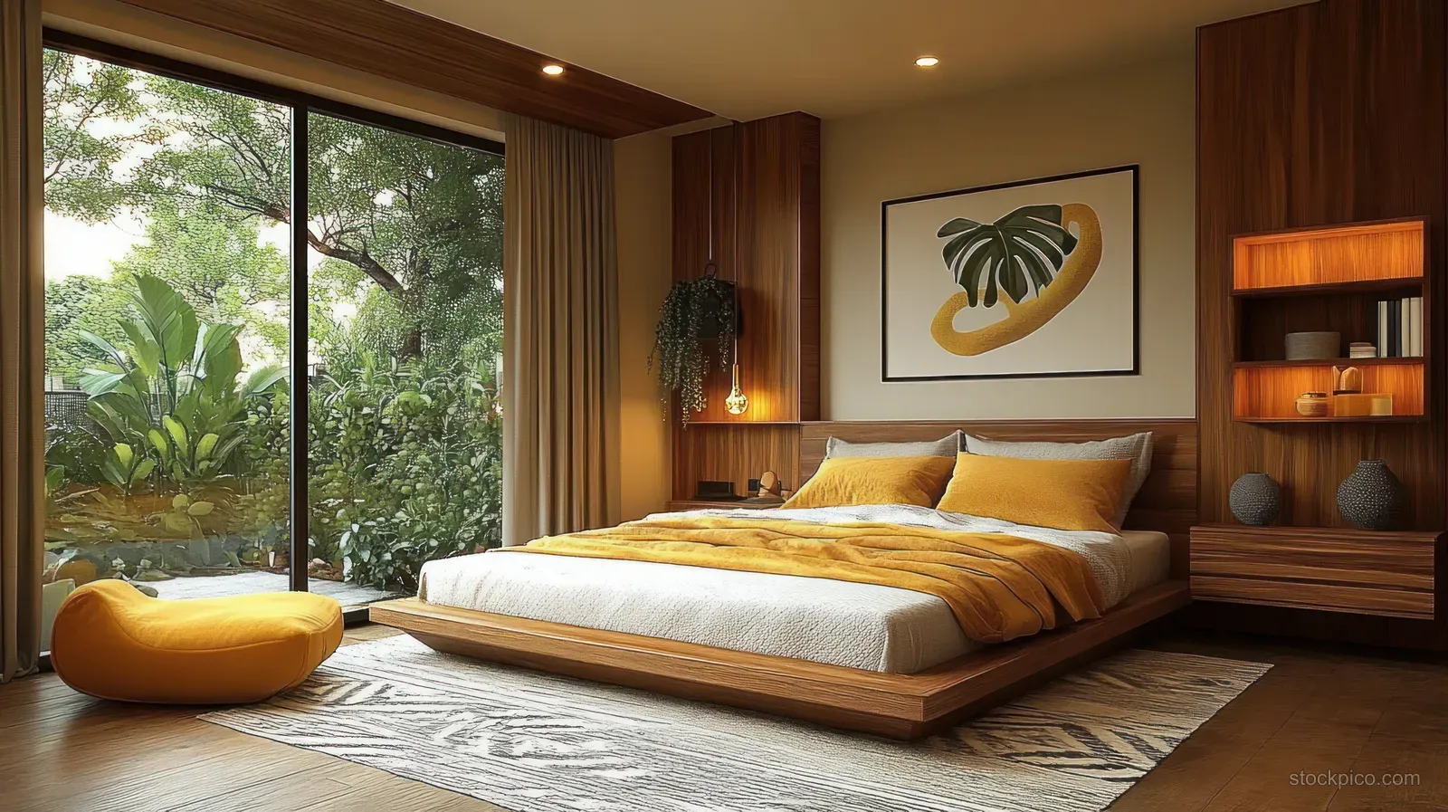 Modern bedroom with yellow bedding, wooden bed frame, warm lighting, and a large window showing a green garden.