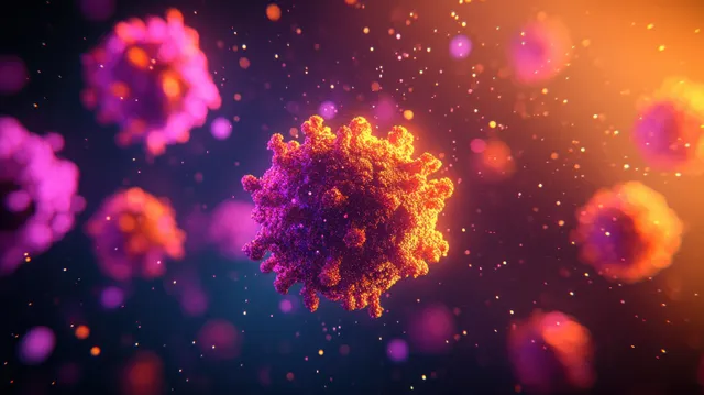 Glowing measles virus particles float against a dark colorful background with a haze of out-of-focus germs.