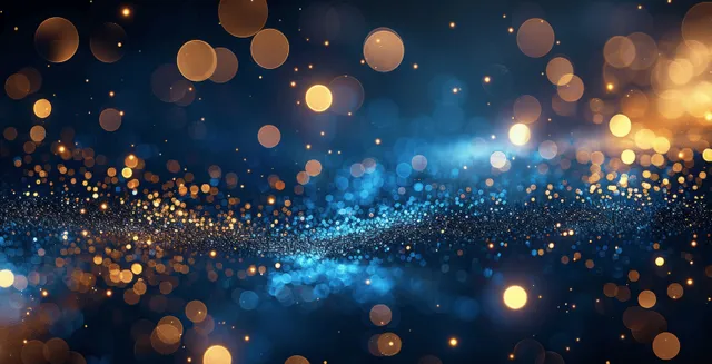 Blue and gold glitter abstract background with bokeh lights and sparkling holiday glow