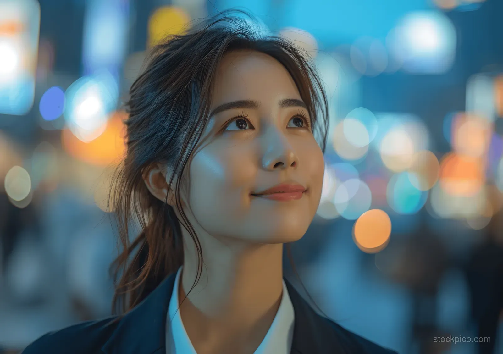 A smiling young Asian businesswoman looks upward with blurred city lights and buildings behind her.