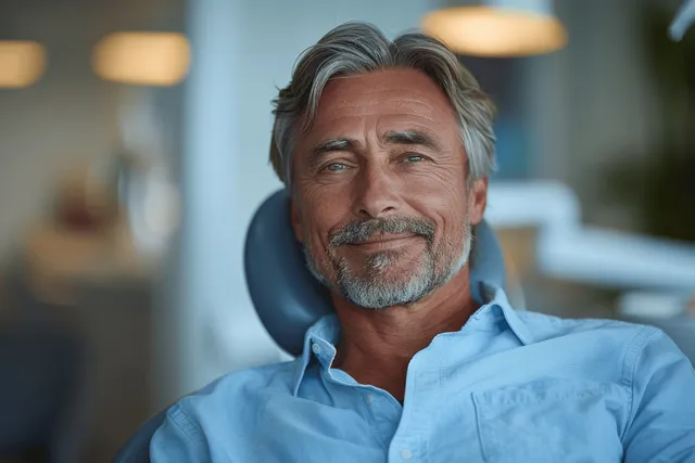 Smiling middle aged man in dental chair during teeth cleaning