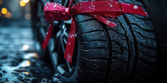 A car tire close-up with a red Christmas ribbon bow on a dark background.