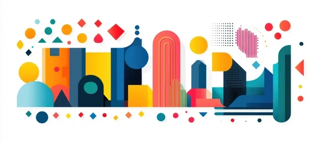 Colorful geometric cityscape collage with arches, blocks, and dots on white background
