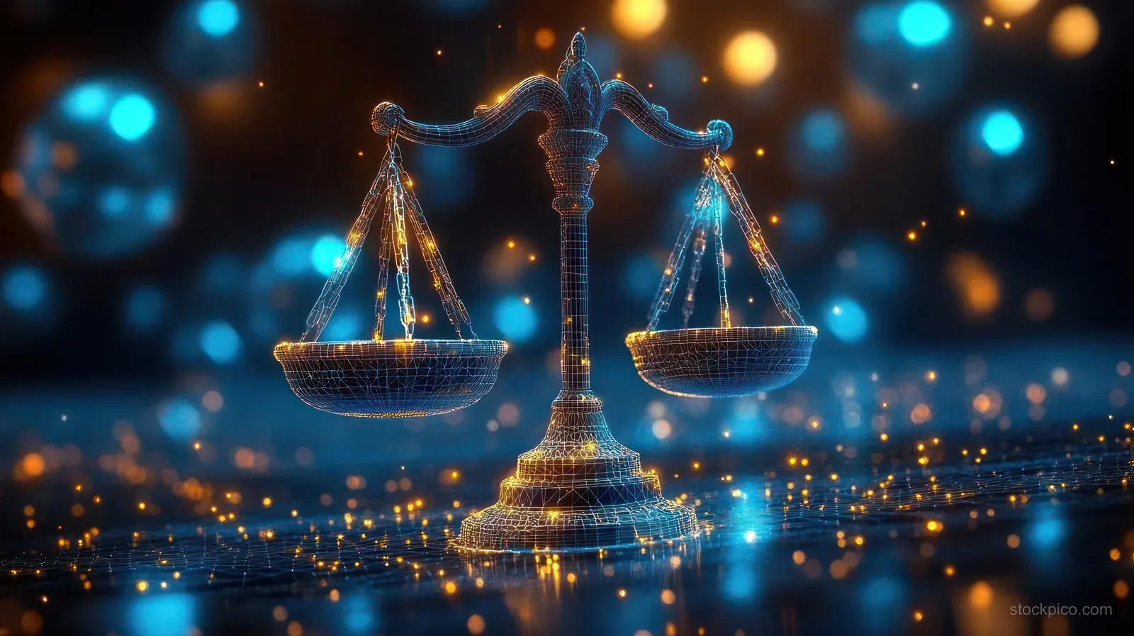 Wireframe justice scales glow in blue and orange lights against a blurred futuristic background.