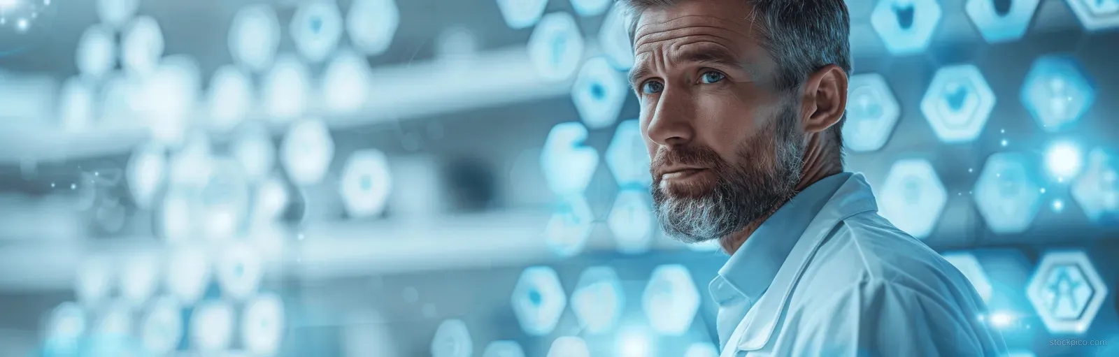 A doctor in a hospital setting looks toward holographic medical data and network icons.