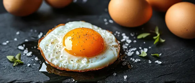 Sunny-side-up fried egg on a dark slate surface with black pepper, sea salt, and blurred herbs and brown eggs in the background.