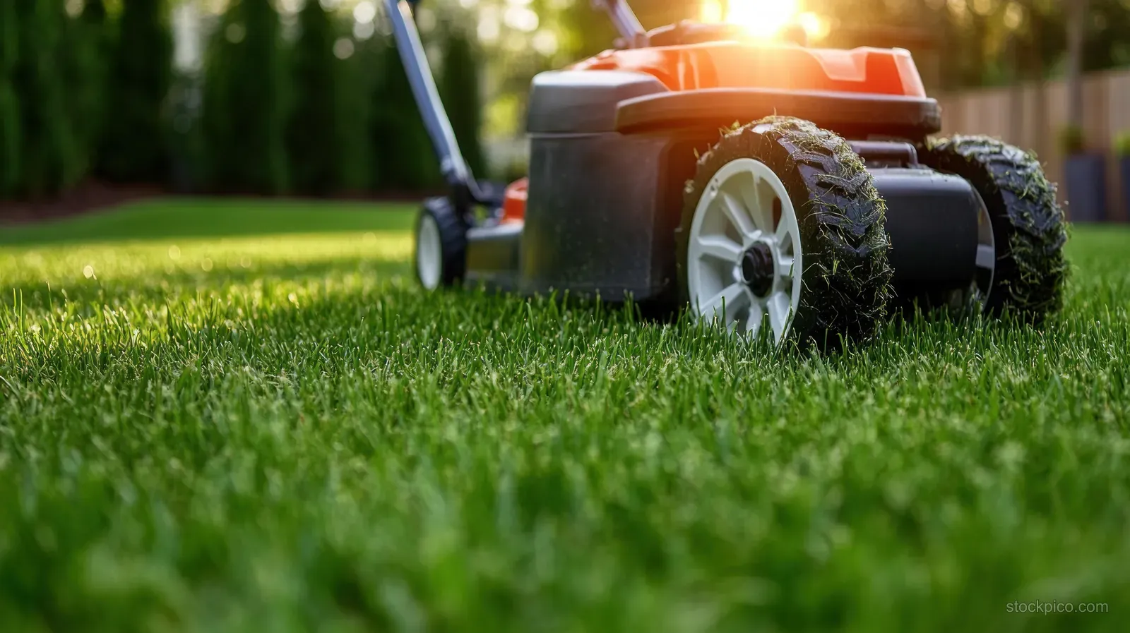 A running lawn mower trims fresh green grass in a sunny backyard with sunlight flaring in the background.