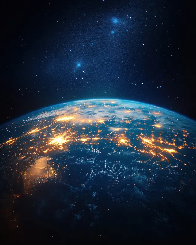 Earth seen from space with bright Southeast Asia city lights and stars above.
