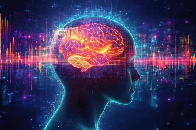 Silhouette head with glowing brain as neon soundwave data pulses in a cyberpunk night scene.