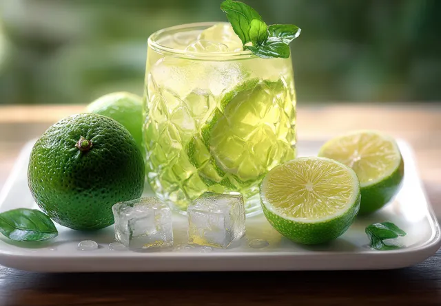Clear glass of lime beverage with ice cubes, fresh whole and halved limes, and green leaves on a white plate.
