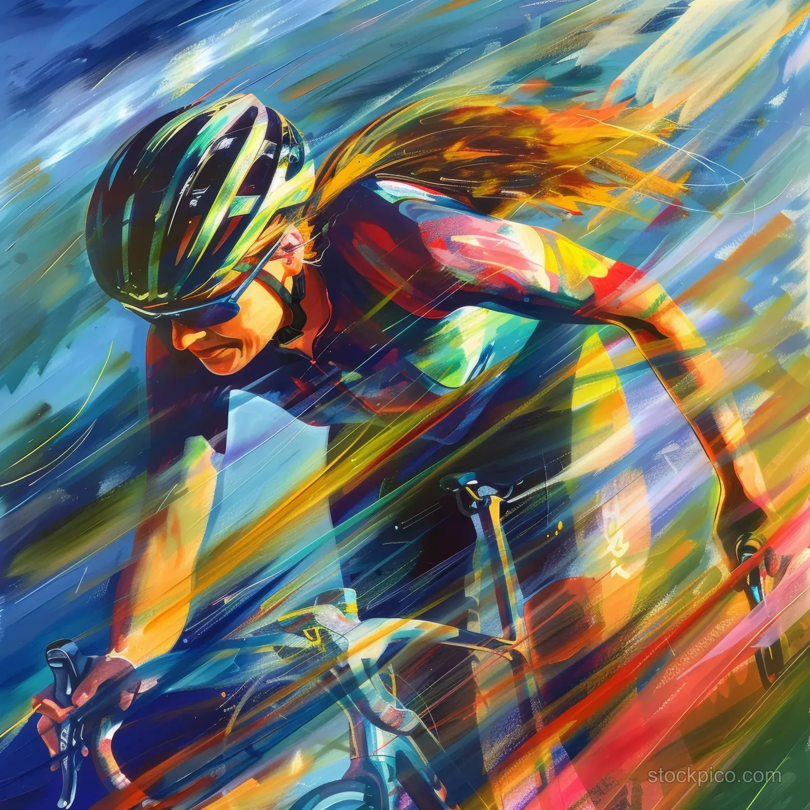 Stylized British female cyclist in a time trial with vibrant blurred speed trails behind her.