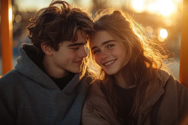 Two best friends cuddle on a playground slide as golden hour sun lights up a city park.