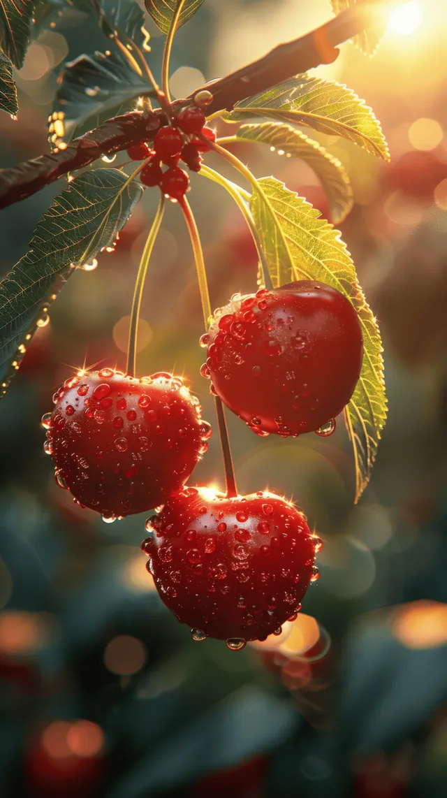 Two red cherries with green leaves hang from a branch in warm sunlight with soft blurred lights behind.