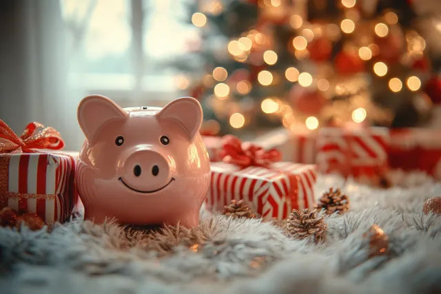 A piggy bank rests on snow beside wrapped Christmas gifts with a glowing tree in the background.