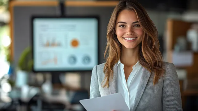 Smiling young businesswoman holds paper reports in an office while a chart-filled monitor is blurred behind her.