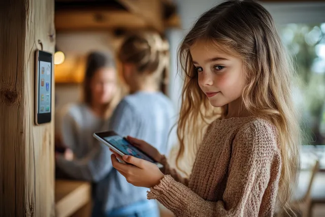 Woman holds a tablet with a smart thermostat control screen in a sunlit living room.