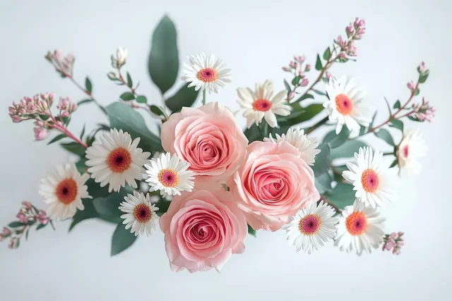 Symmetrical floral wreath of pastel pink roses and white daisies with eucalyptus leaves on a white background.