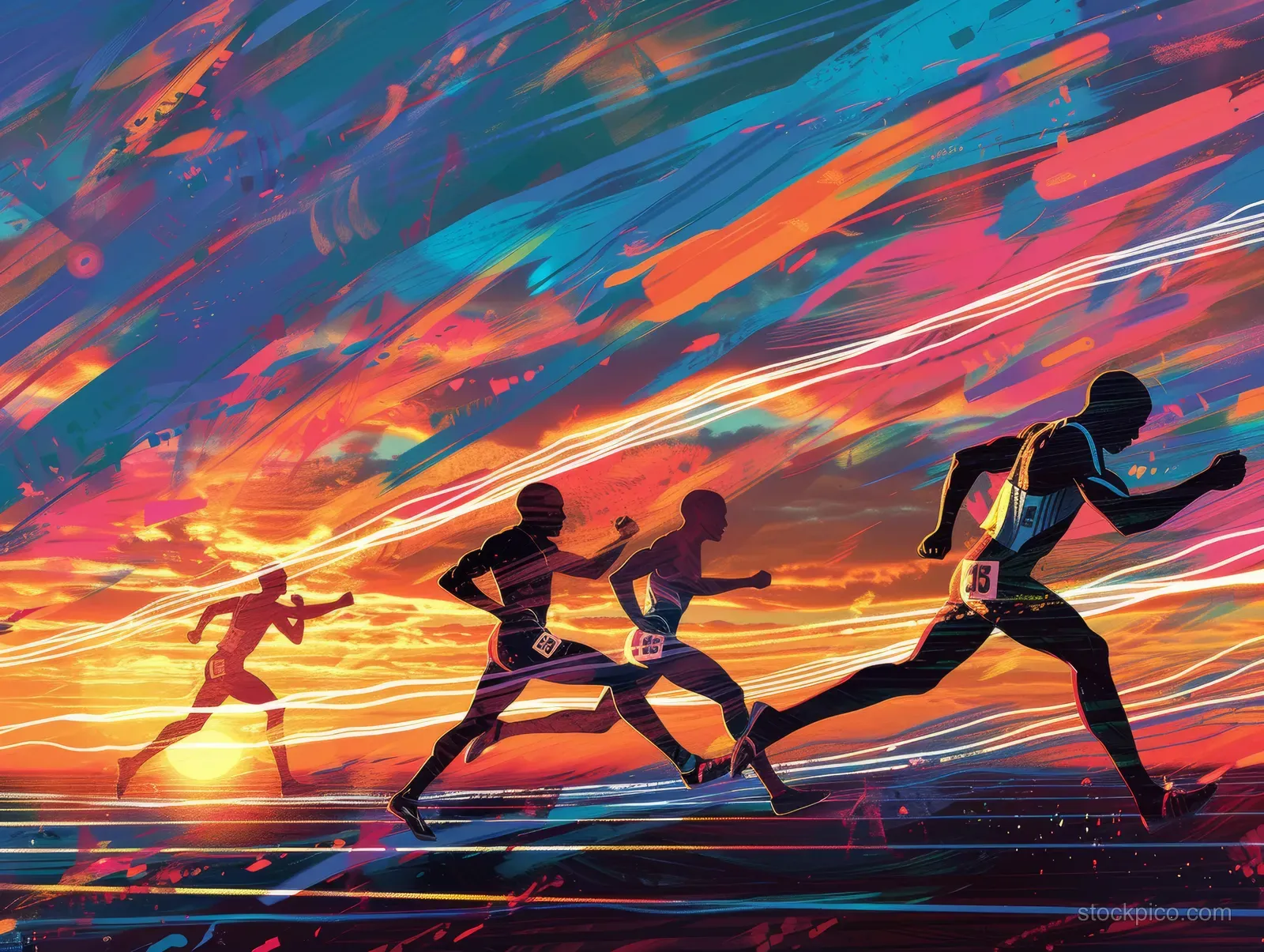 USA relay runners sprint at sunset with motion streaks during a baton exchange on a track.