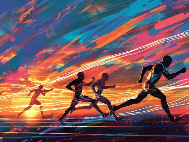 USA relay runners sprint at sunset with motion streaks during a baton exchange on a track.