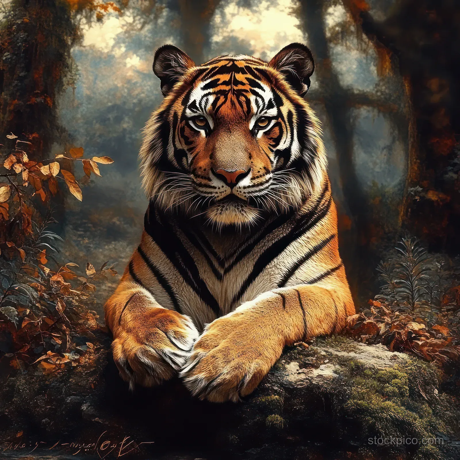 A tiger lies on a moss-covered rock in an autumn forest, staring with intense eyes and detailed orange fur.