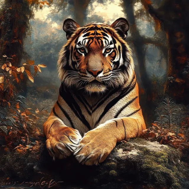 A tiger lies on a moss-covered rock in an autumn forest, staring with intense eyes and detailed orange fur.