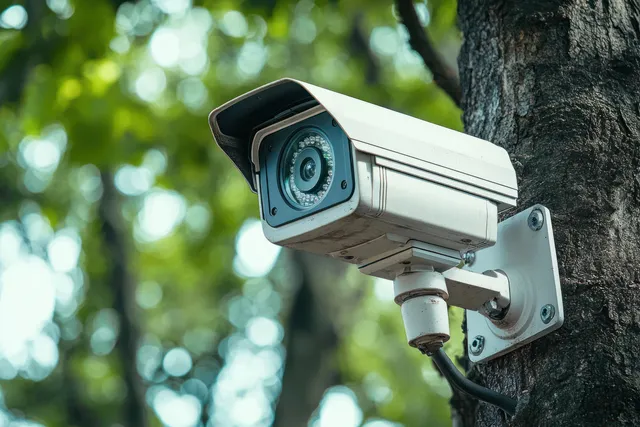 Outdoor surveillance camera mounted on tree trunk in leafy garden
