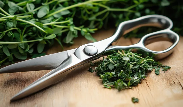 Stainless steel scissors cut fresh dill on a wooden board with chopped green herbs scattered around.