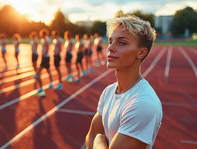 Child athlete stands on a running track at sunset while others sprint in the background under coach supervision.