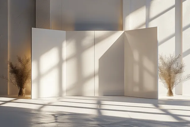 Sunlit interior with three tall white panels and long soft shadows on a concrete floor.