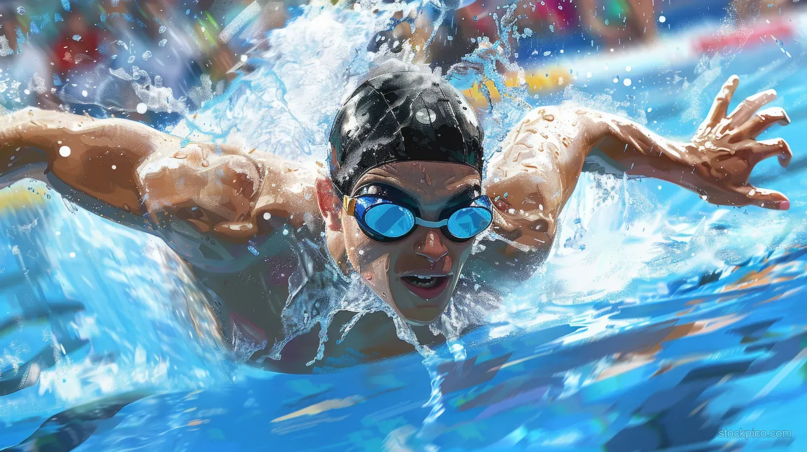 Male swimmer in an individual medley race splashes forward in a blue indoor pool during competition.