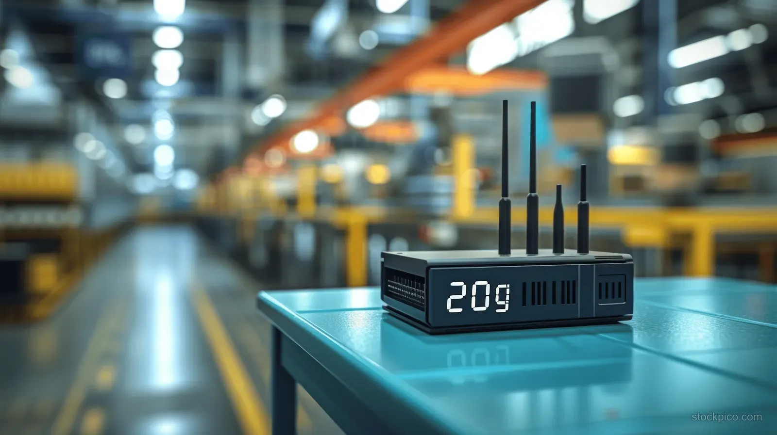 A 5G network device with antennas sits on a table in a blurred factory interior.