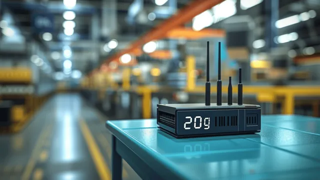 5G network device on factory table with blurred assembly line