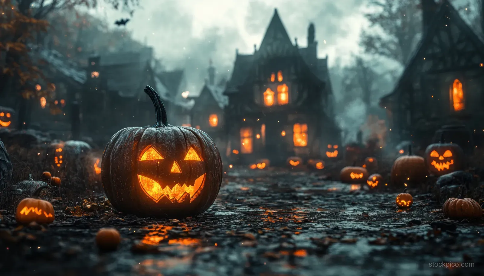 A glowing jack-o-lantern sits on a misty Halloween village street with pumpkins and crooked houses behind.
