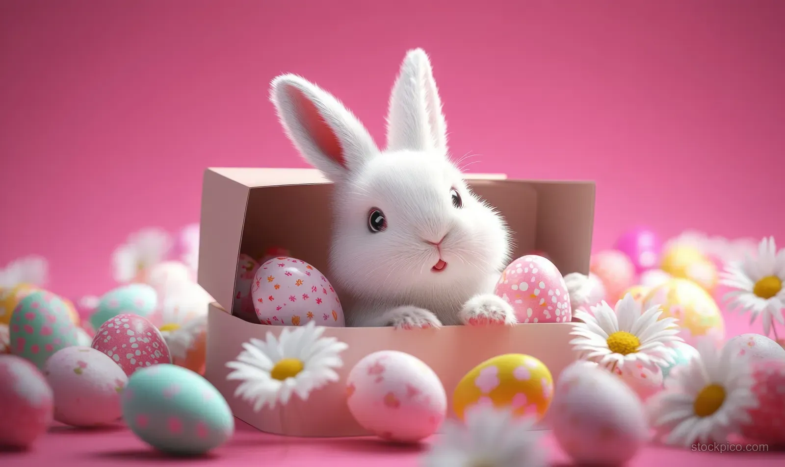 White bunny peeks from a box surrounded by decorated Easter eggs and white daisies on a pink background.