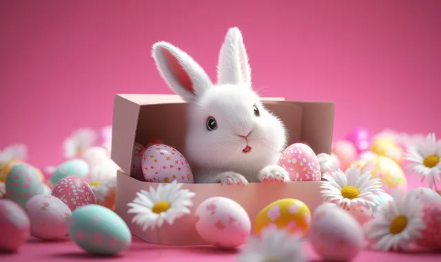White bunny peeking from a box among decorated eggs and daisies on pink backdrop