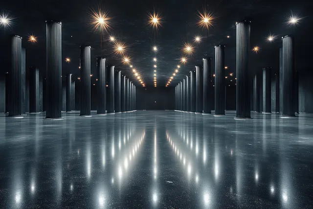Symmetrical corridor of tall black columns with ceiling lights and glossy floor reflections